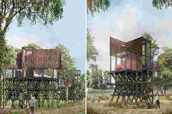 Modular treehouse units with triangular pitched roofs offer unlimited views of an old French château in the countryside!