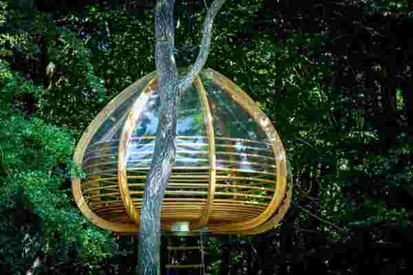 These transparent wooden hanging tents are built using shipbuilding techniques!