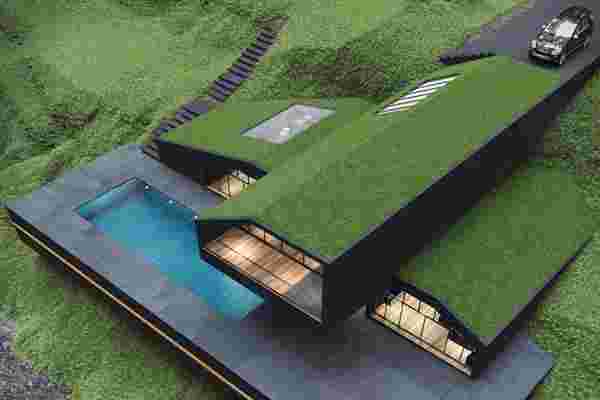 Modern architectural design goes green with this grass roof villa!